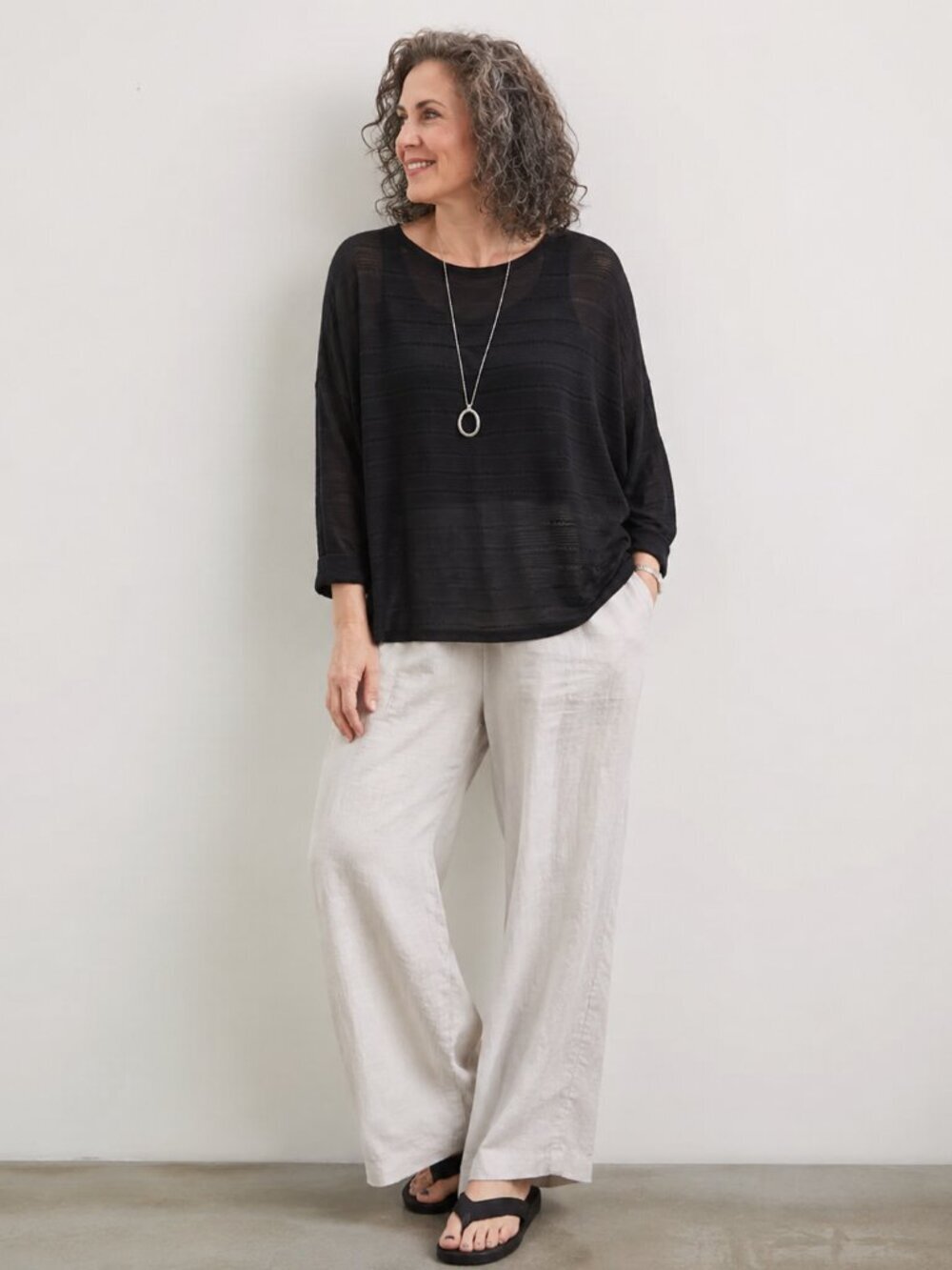 EILEEN FISHER Semi Sheer Stripe Long Sleeve Shirt Black Size Small
